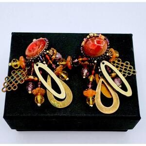 Chipata boho bronze,gold tone bead oval jasper stone and light crystal earrings